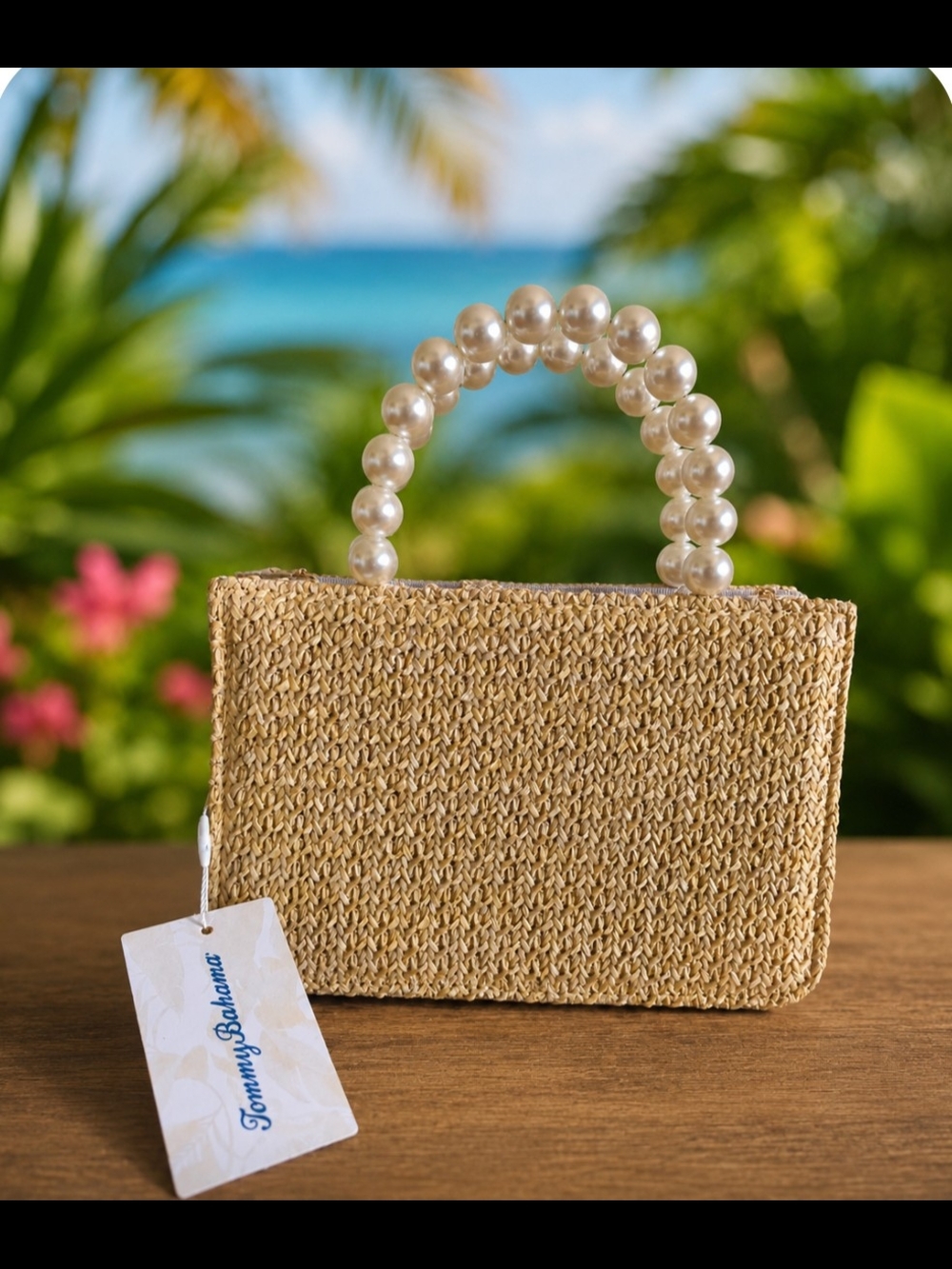 Straw Pineapple Pearl-Trim Tote Bag - Natural-NWT - Picture 2 of 3